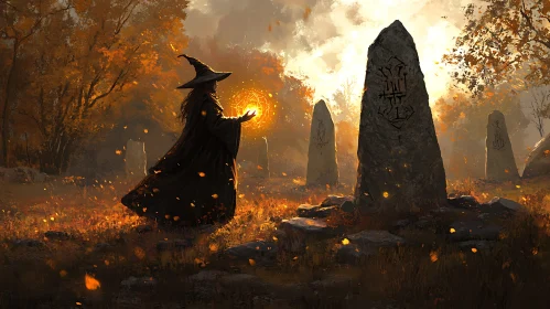 Wizard Casting Spell Near Ancient Stones