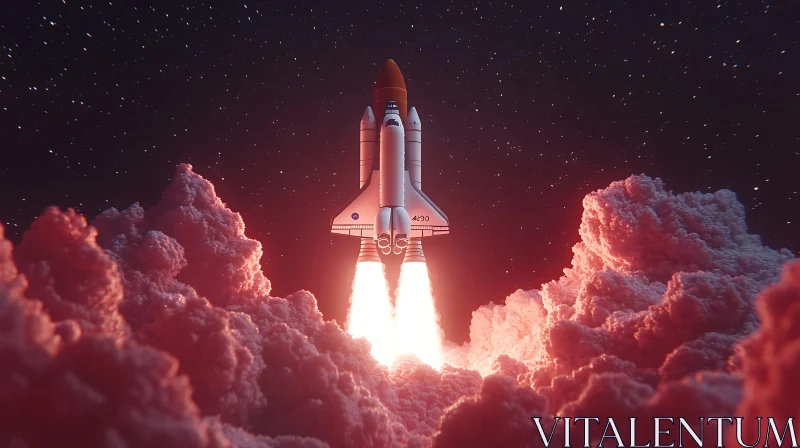 Rocket Launch Amidst Fiery Clouds