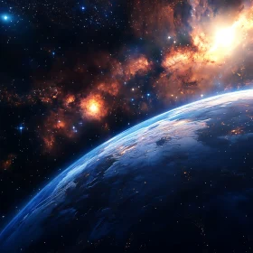 Cosmic Planet with Nebula and Stars
