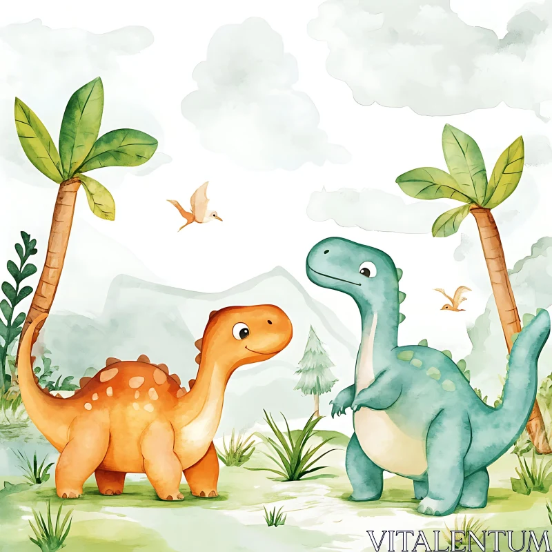 Playful Dinosaurs in a Cartoon Prehistoric Scene AI Image