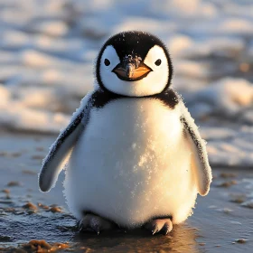 Fluffy Penguin Chick on Sandy Shore