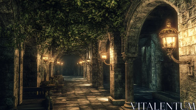 AI ART Mystical Stone Passage with Lantern Light
