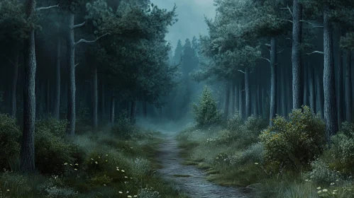 Mystical Forest Trail Enveloped in Haze