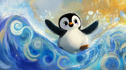 Cartoon Penguin Riding Ocean Wave