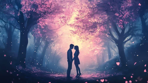 Silhouette Couple in Pink Forest