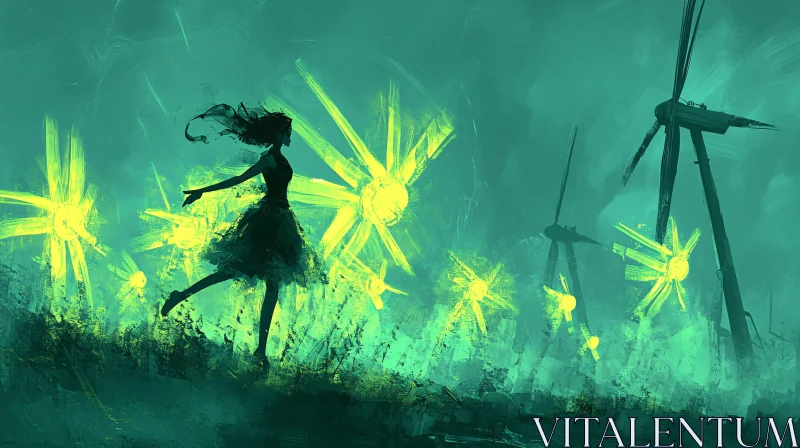 Silhouette Dancing in a Windmill Field