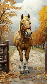 Golden Horse on Leaf-Strewn Path