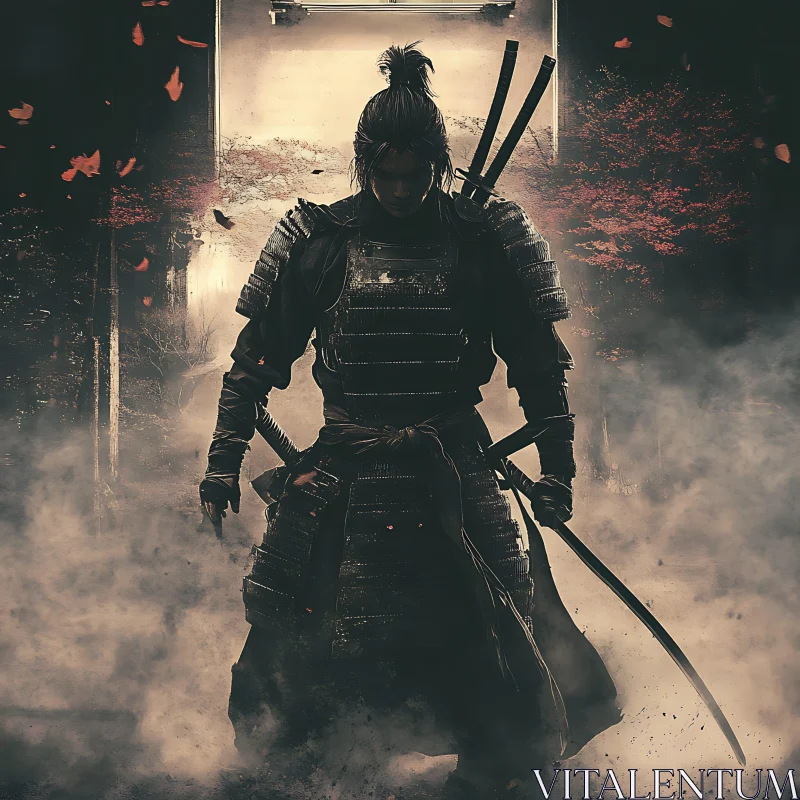 Armored Samurai with Katanas in Mist