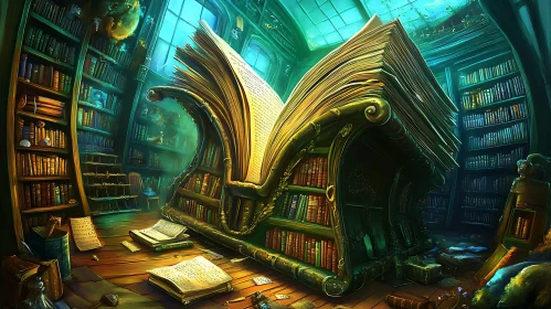 Whimsical Library Scene with Open Book