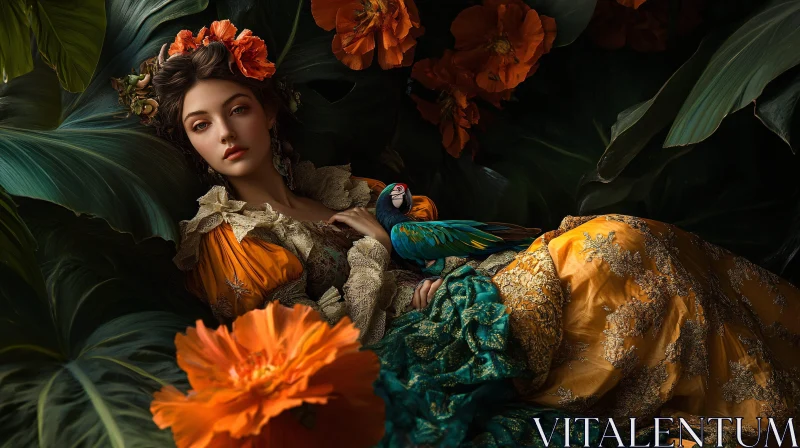 Woman with Parrot in Floral Setting