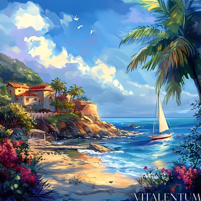Tranquil Seascape with Sailboat and Tropical Scenery