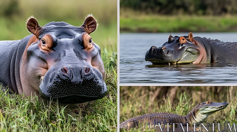 Hippopotamus and Crocodile in the Wild