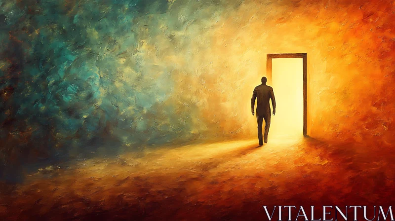 Figure Approaching a Bright Portal AI Image