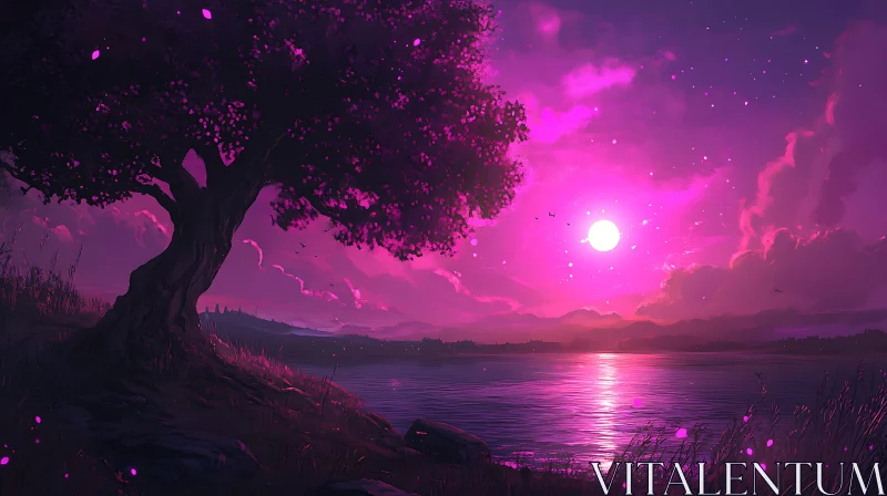 AI ART Tranquil Pink Sunset Over Lake