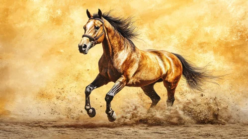 Powerful Horse Running Through Sand