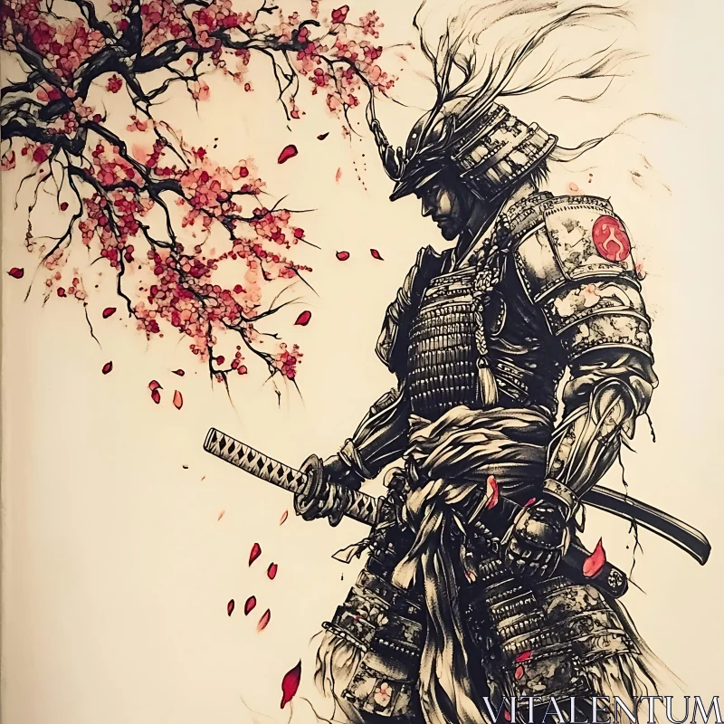 AI ART Armored Samurai with Katana and Cherry Blossoms