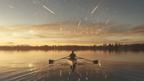 Lone rower under meteor shower