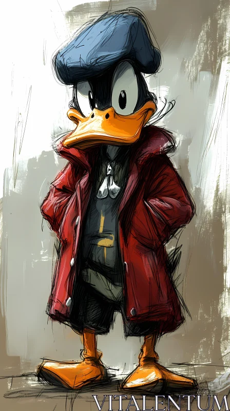 Duck Sketch with Red Coat and Blue Cap AI Image