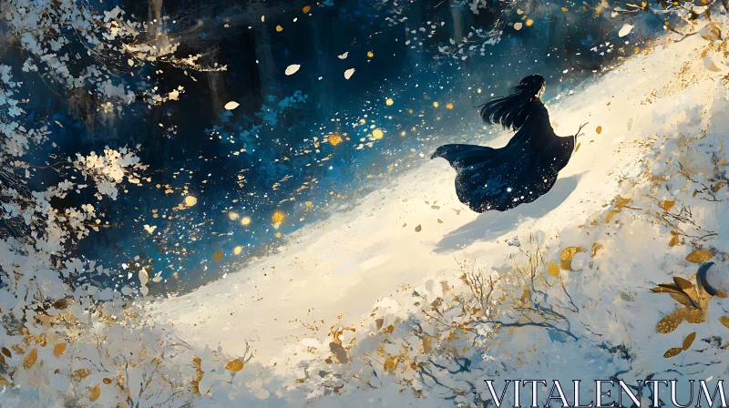 Lady in Black Dress Walking in Winter
