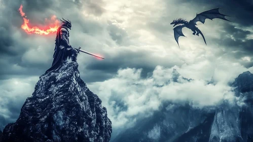 Fantasy Warrior Confronts Dragon