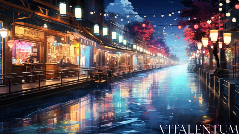 Anime-styled Night Cityscape with Colorful Murals and Glowing Lights AI Image