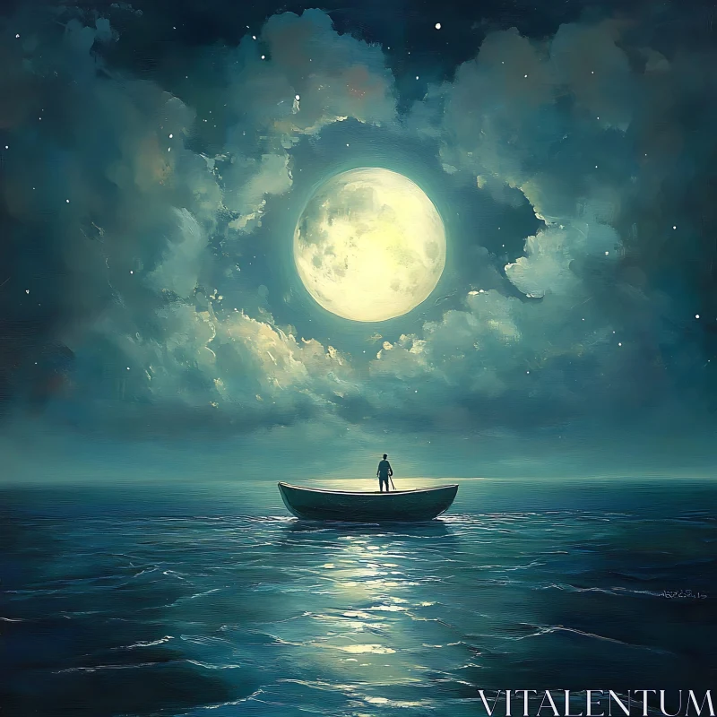 Serene Night Sea with Boat and Moon