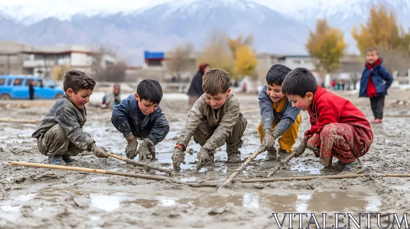 Kids Having Fun in Mud AI Image