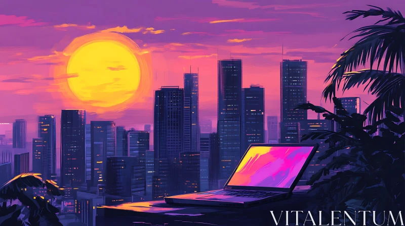 Sunset Cityscape with Laptop and Palms
