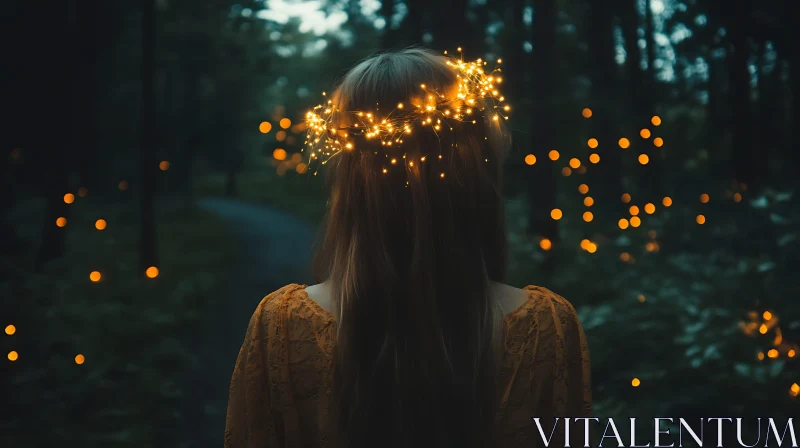 Woman in Forest with Glowing Crown