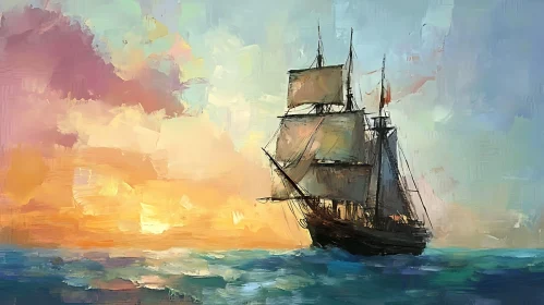 Vintage Sailing Ship Oil Painting