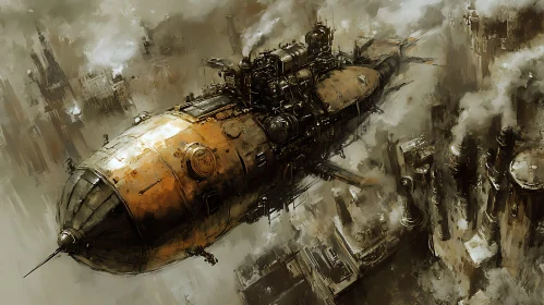 Vintage Airship in Smoky Metropolis