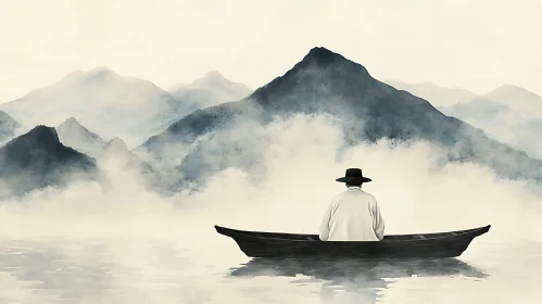 Serene Mountain Lake with Lone Boat