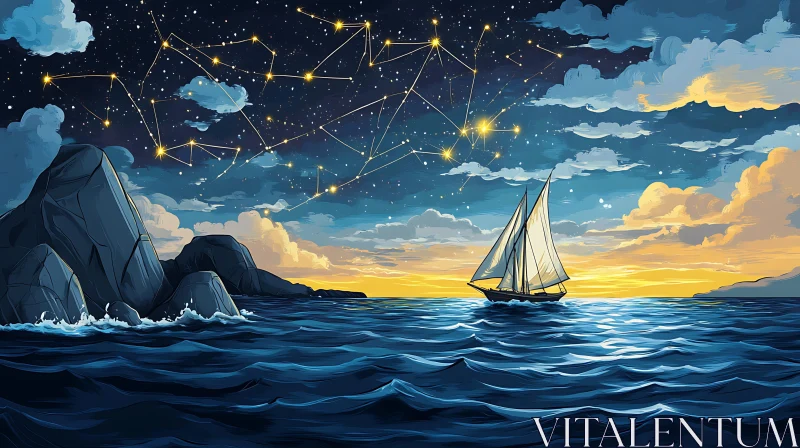 Celestial Voyage: Sailboat at Sunset