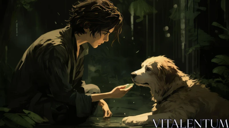 Captivating Digital Painting of a Girl and Her Dog in a Enchanting Forest