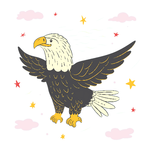Cartoon Bald Eagle with Wings Spread - Sky and Stars Background