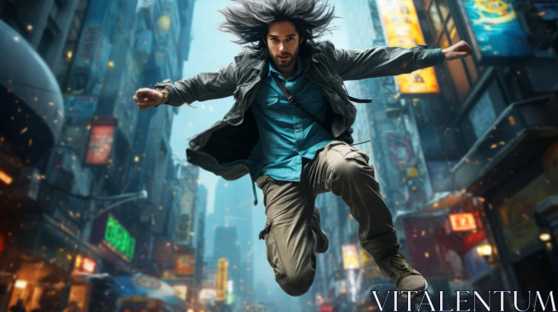 City Leap: Man Jumping in Teal Toned City AI Image