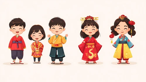 Cartoon Kids in Cultural Attire Illustration