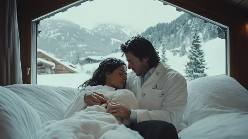 Serene Couple in Snowy Mountain Cabin