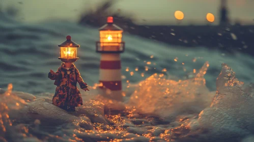 Illuminated Figure by Coastal Lighthouse