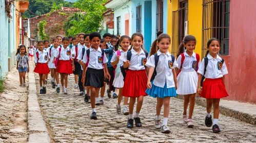 Students Walking in a Colorful Street