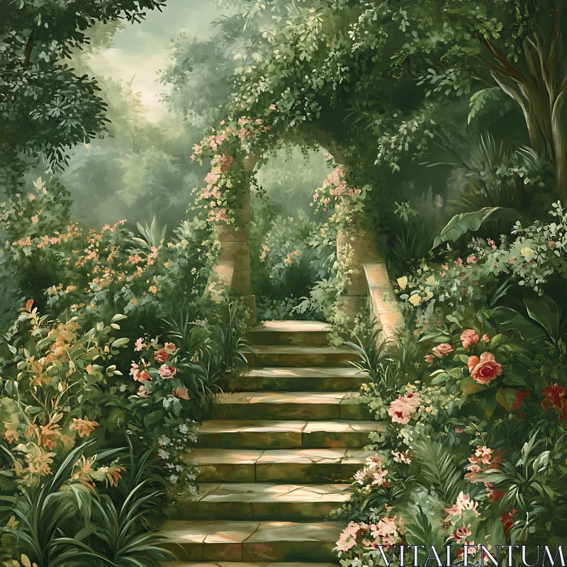 AI ART Tranquil Garden Pathway with Blooming Flowers