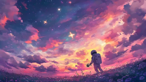 Cosmic Dream: Astronaut in Floral Field