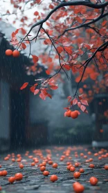 Rainy Autumn Day with Red Foliage