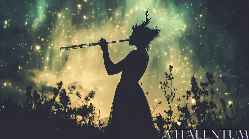 Silhouette Playing Flute in Magical Forest