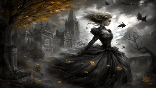Melancholic Lady in front of Gothic Castle