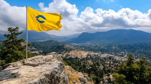 Yellow Flag Overlooking Mountainous Landscape