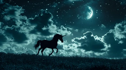 Enchanting Night Scene with Majestic Black Unicorn Running Through Field