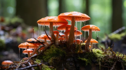 Enchanting Orange Mushrooms Nestled in Mossy Forest