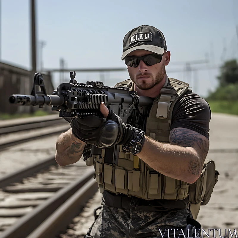 Focused Man with Gun on Railroad