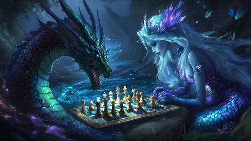 Fantasy Chess Match: Mermaid vs Dragon